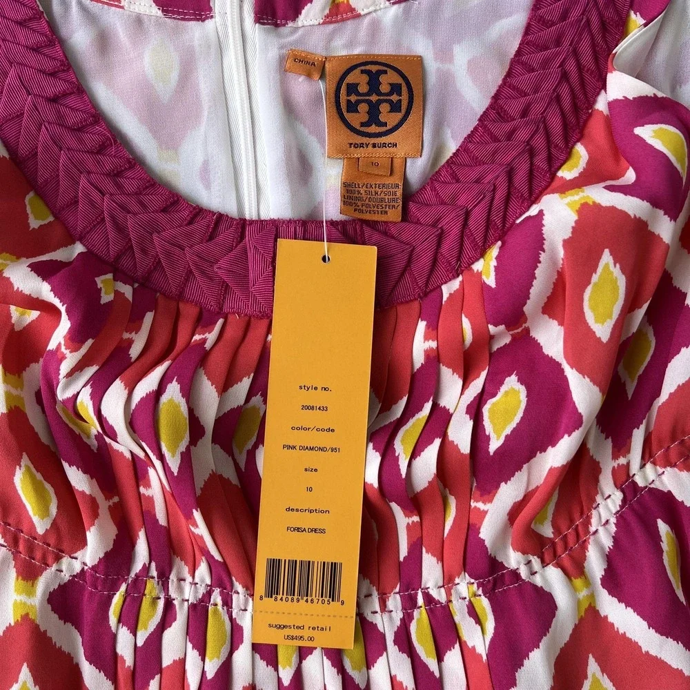 Tory Burch Dress Womens 10 Pink‎ Diamond 981 Fiora Sleeveless Pleated Ikat Lined